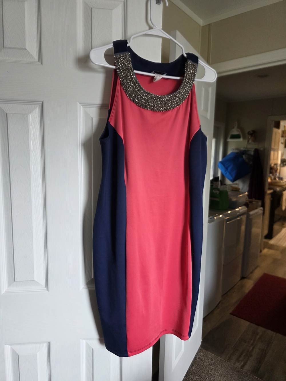 Sleeveless Beaded Neck Colorblock Dress in Coral and Navy